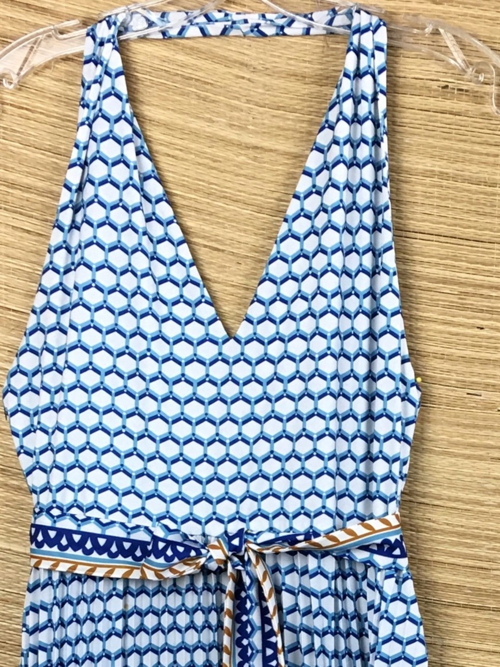 Le Superbe Halter Pleated Maxi Dress Belted In Santorini Dream (White & Blue) M - Picture 6 of 13
